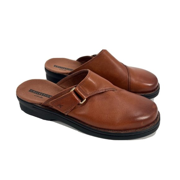 Clarks Shoes - Clarks Brown Leather Slip On Clogs Mules Sz 9.5